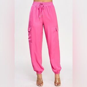 Women's Bright Pink Cargo Joggers with Drawstring Waist